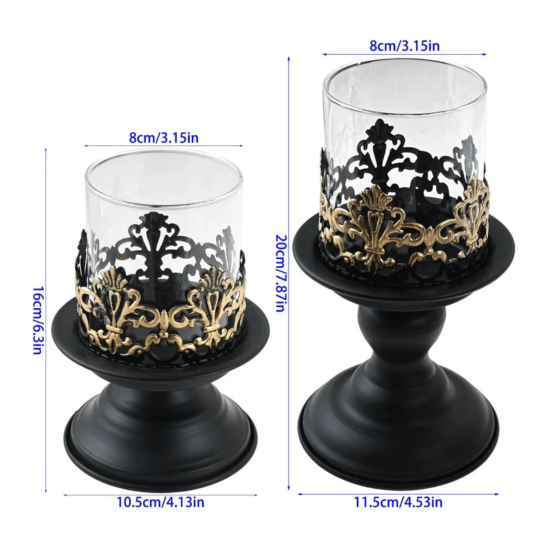Set of 2 Black Iron Candle Holders for Christmas & Holiday Decor, Centerpieces
