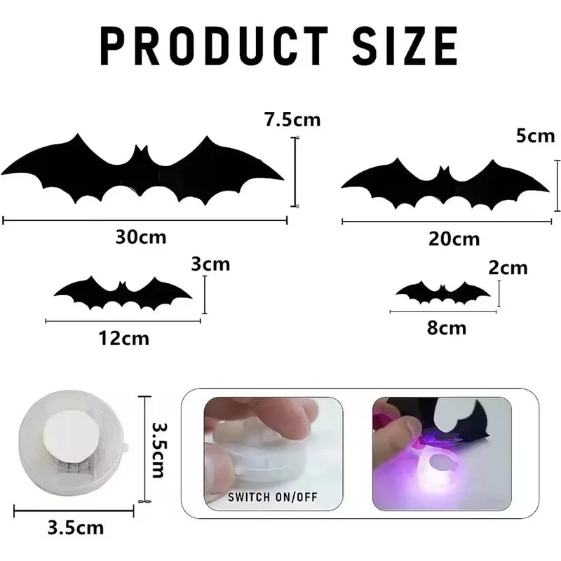 Halloween Bat Night Light Wall Decal Set - 12/24 LED Stereoscopic Party Decor