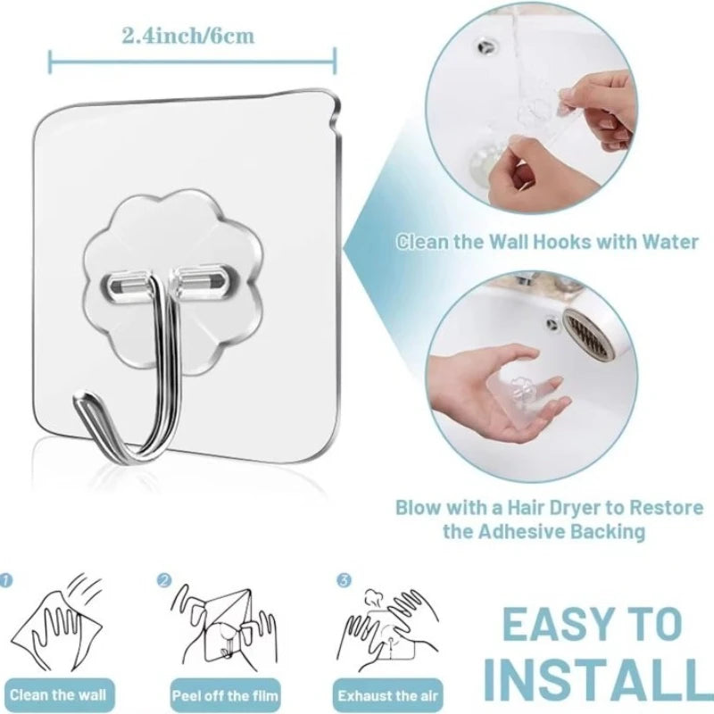 Heavy Duty Self-Adhesive Transparent Wall Hooks 10-50pcs for Kitchen Bathroom Door