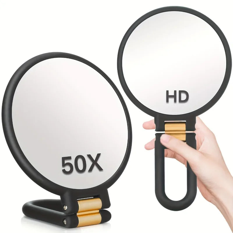 Double-Sided Handheld Makeup Mirror with 1X/50X Magnification Portable Folding Travel Mirror