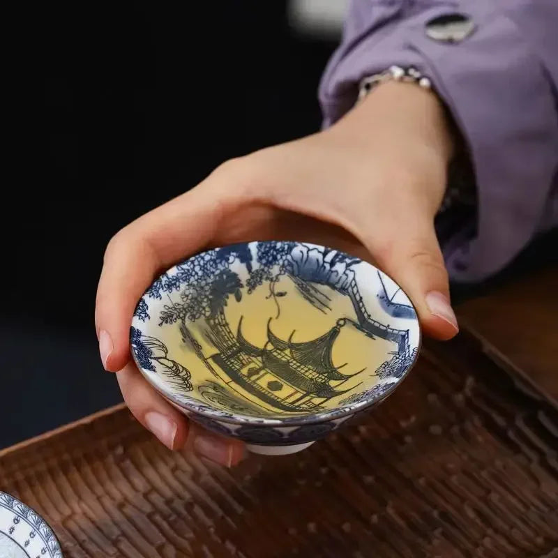 Porcelain Tea Cup 70ML Handmade Dragon Phoenix Fish Pavilion Ceremonial Teaware