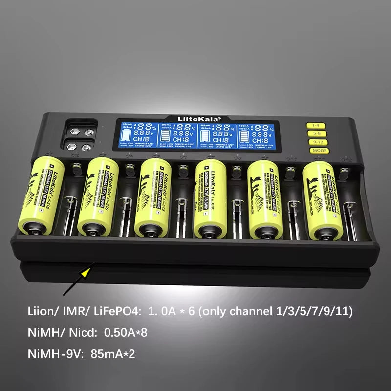 Universal 14-Slot Smart Battery Charger for Li-ion, Ni-MH, LiFePO4, 9V Batteries