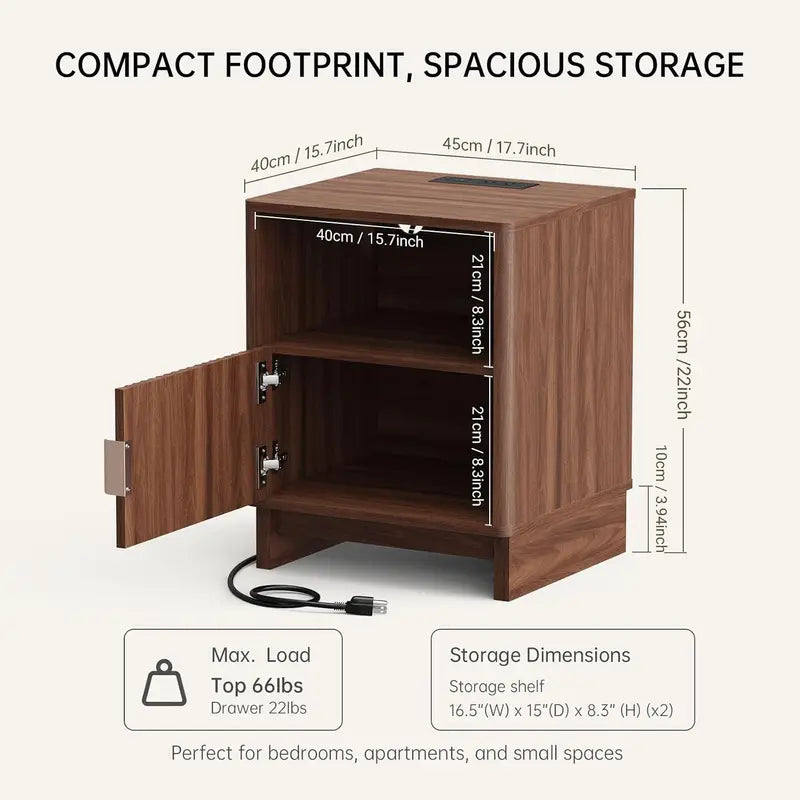 Nightstand with Charging Station, Fluted Wood End Table with Storage Drawer