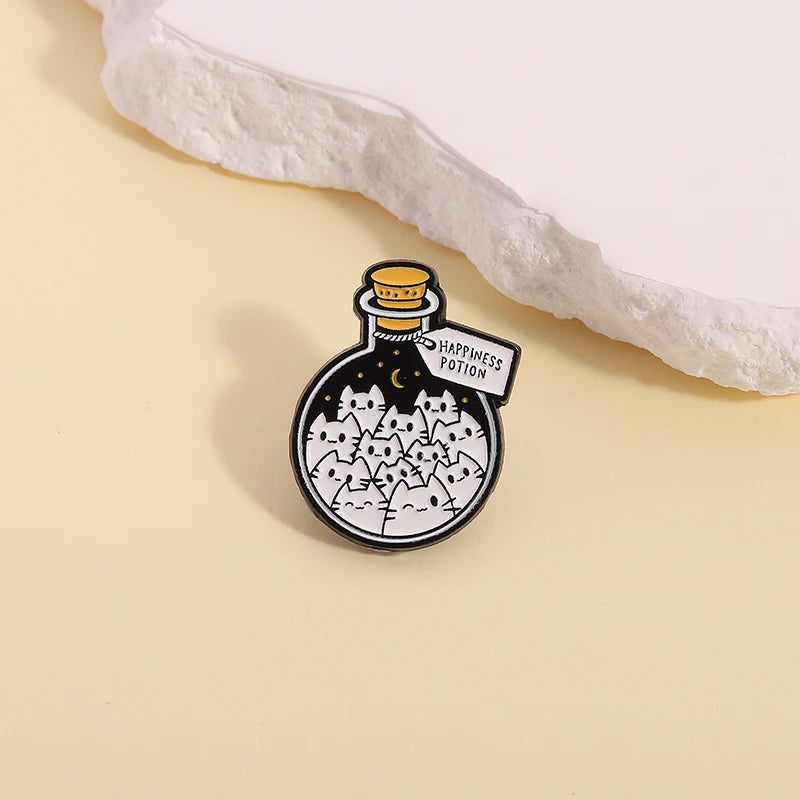 Cartoon Cat Happiness Potion Enamel Lapel Pin for Cat Enthusiasts Gift Jewelry