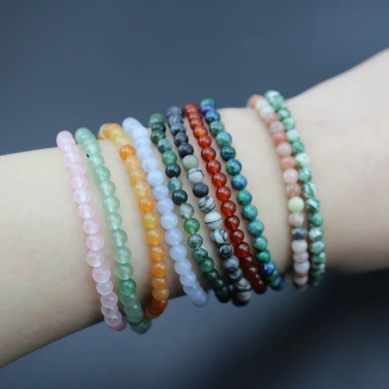 Natural Stone Beaded Bracelet 4mm Quartz Agate Lava Rock Tiger Eye Onyx Healing Jewelry