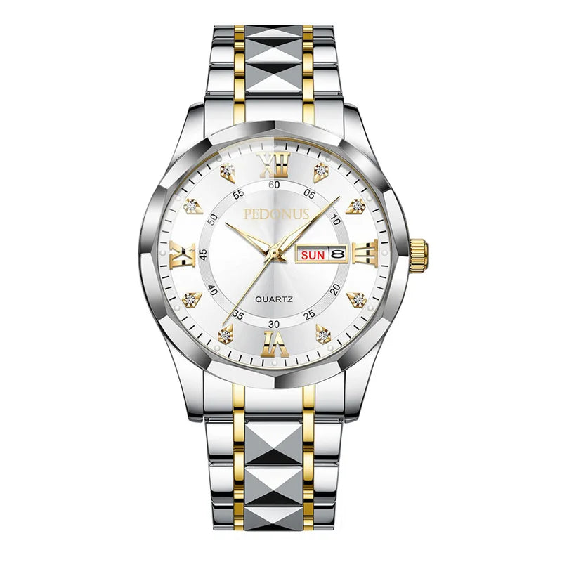 Men's Business Quartz Wristwatch with Steel Band Dual Calendar High Quality