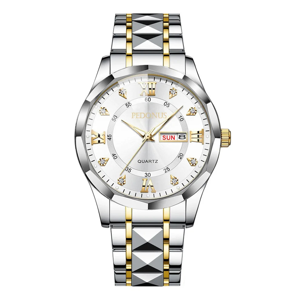 Men's Business Quartz Wristwatch with Steel Band Dual Calendar High Quality