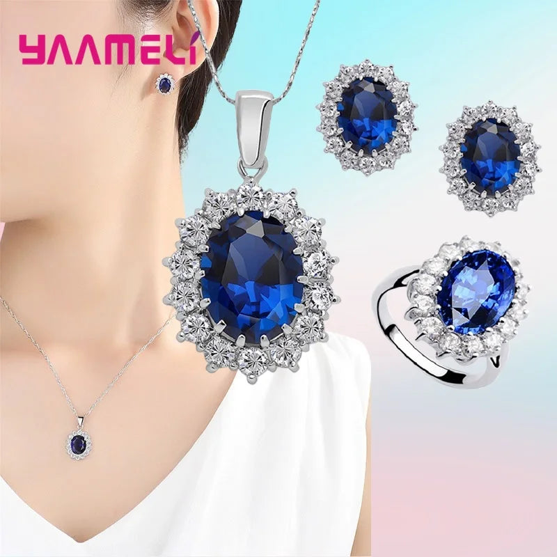 Sterling Silver Wedding Engagement Jewelry Set with Necklace Earrings Ring - Princess Oval Zircon
