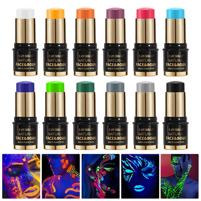 12-Color Waterproof Face & Body Paint Stick Neon Makeup Halloween Cosmeti