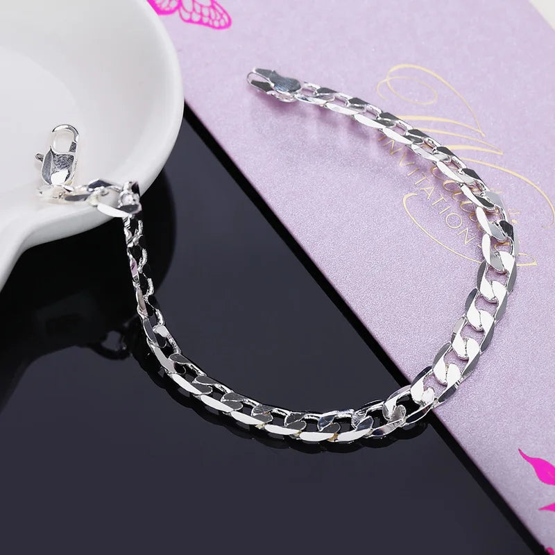 Sterling Silver 6MM Geometric Side Chain Bracelet for Men Women Jewelry Gift