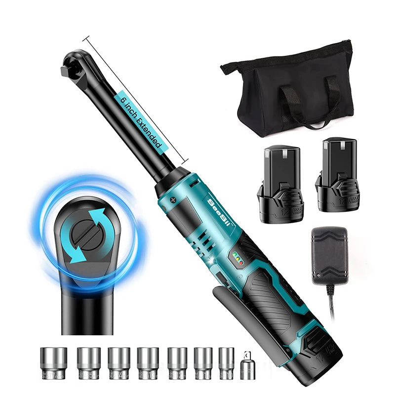 Cordless Electric Impact Wrench 3/8 Inch 55Nm Long Reach Car Repair Tool with 2 Batteries