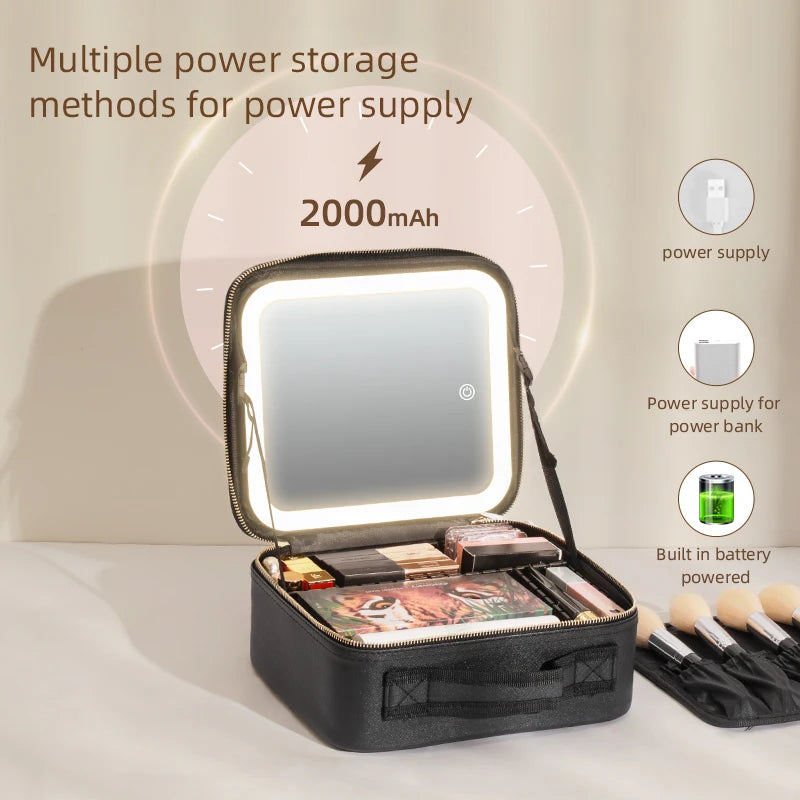 Travel Makeup Train Case with LED Lighted Mirror, Adjustable Dividers & 3 Light Settings