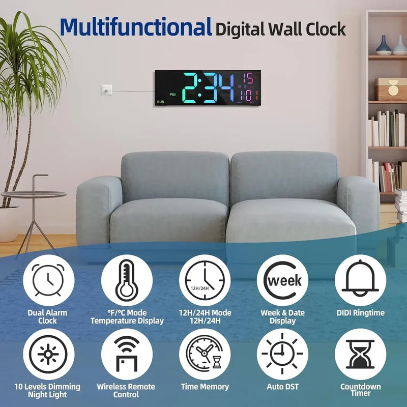 Large Digital Wall Clock with Remote Control, 8 RGB Colors, Dual Alarm