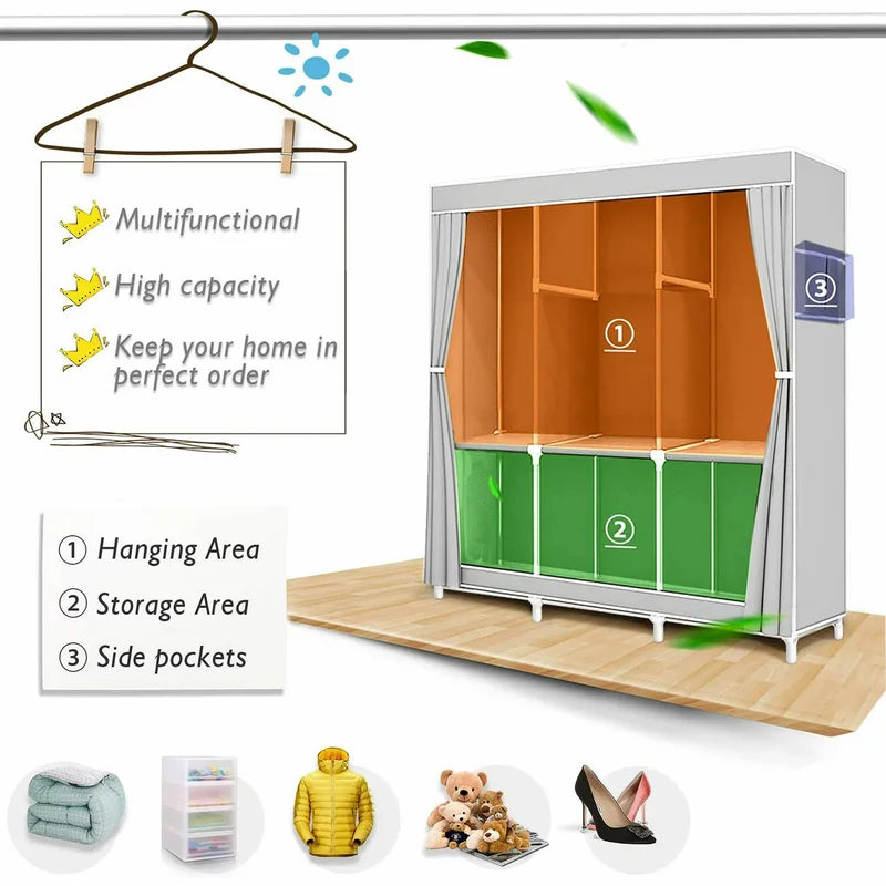 Portable Closet Organizer Storage Rack with 3 Hanging Bars and 6 Compartments