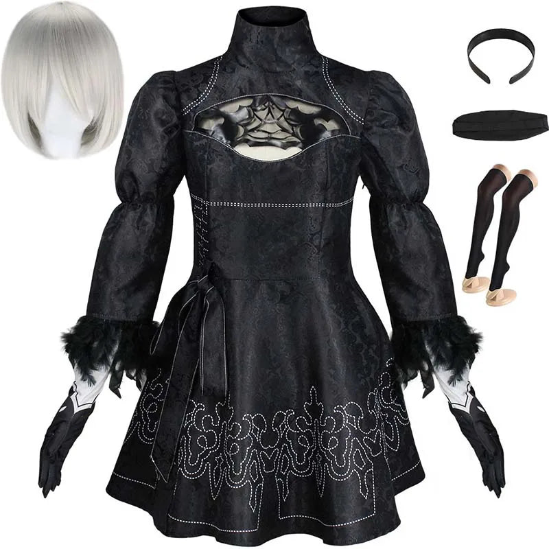 Yorha 2B Cosplay Costume Full Set - Black Leotard Dress with Wig Gloves Eyemask Socks