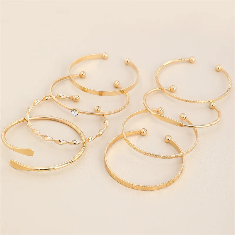 8-Piece Fashion Twist Texture Crystal Geometric Bangles Set for Women