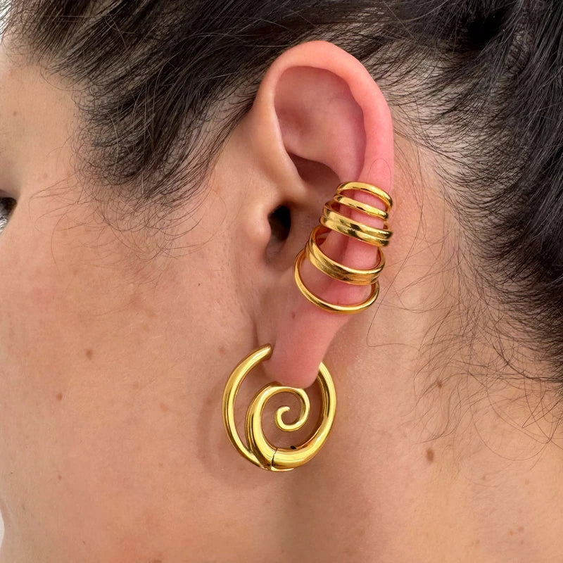 Stainless Steel Hoop Earrings with Spiral Design - Gothic Punk Style
