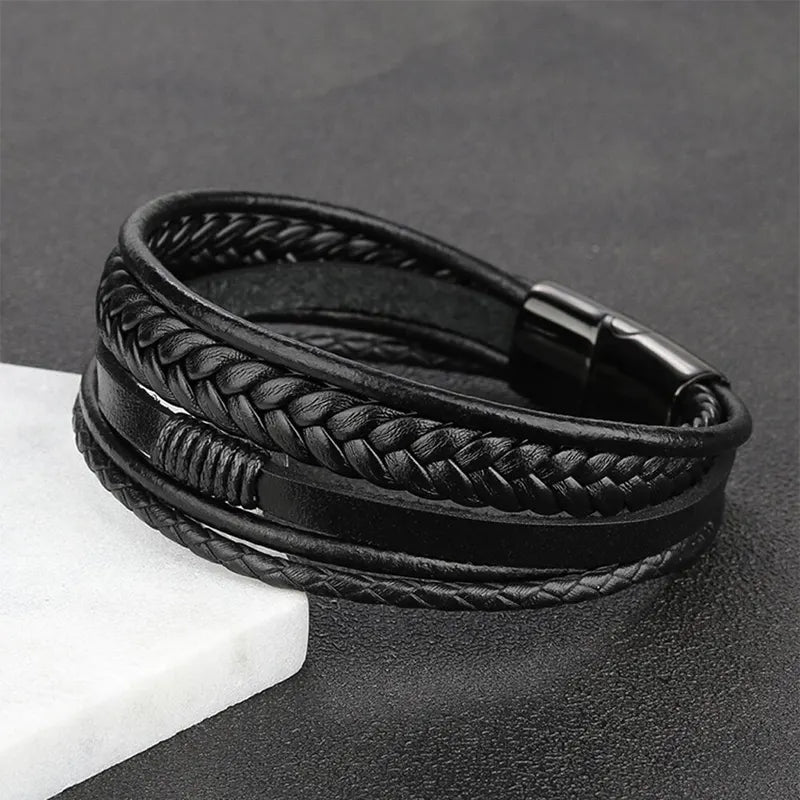 Men's Genuine Leather Multilayer Braided Rope Bracelet - Stylish Jewelry for Men
