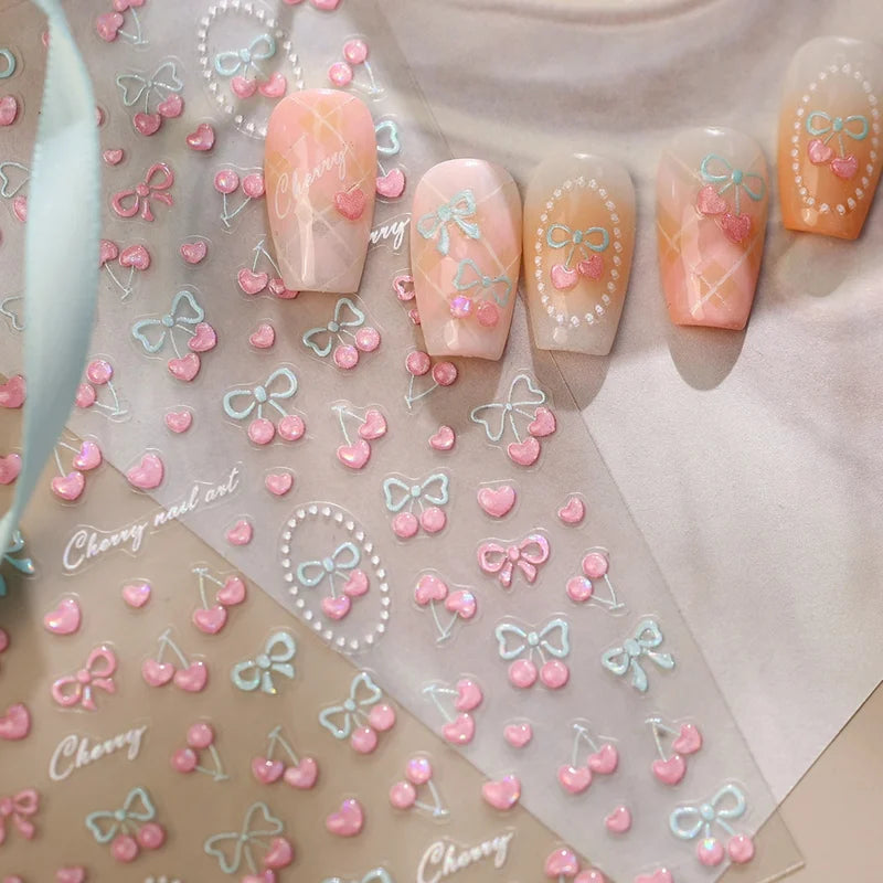 Pink Blue Cherry Bow Nail Art Sticker Set - 5D Self-Adhesive Decals for Manicure