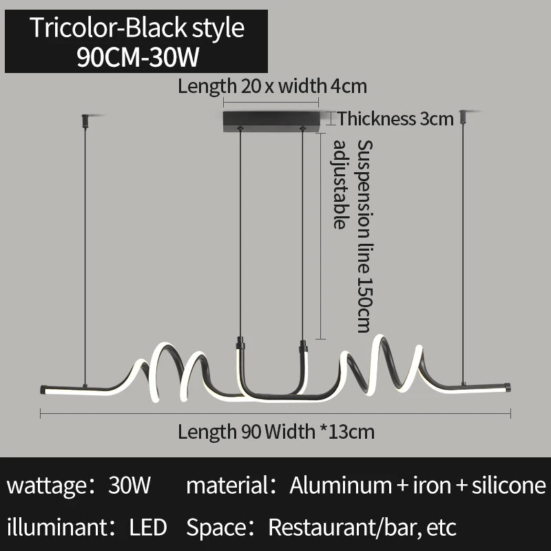 Black LED Pendant Light for Dining Room Kitchen Living Room Modern Chandelier 90cm
