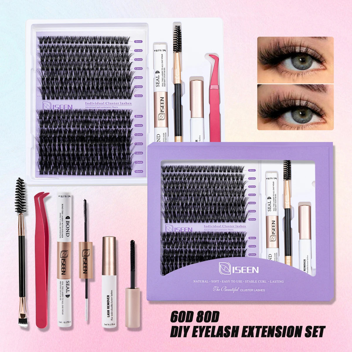 DIY Lash Extension Kit with Clusters, Bond & Seal Remover, Tweezers & Brush - Multiple Colors