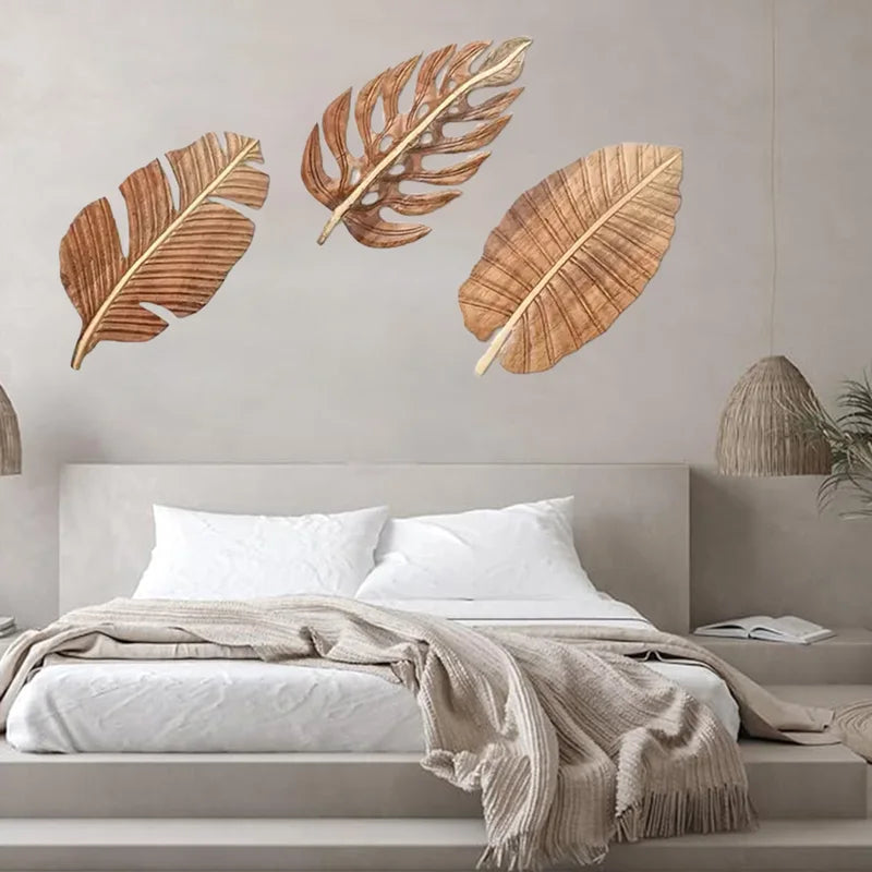 Wood Leaf Wall Art Decor Set of 3 Bohemian Indoor Wall Sculptures