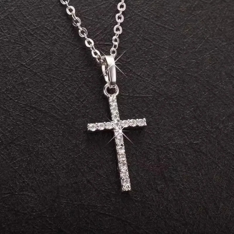Long Chain Rhinestone Cross Necklace for Women & Men - Silver or Gold