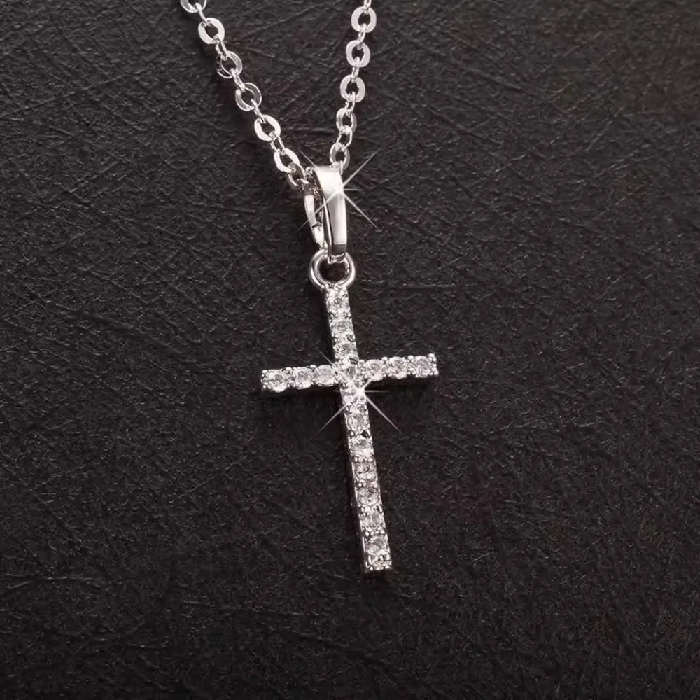 Long Chain Rhinestone Cross Necklace for Women & Men - Silver or Gold