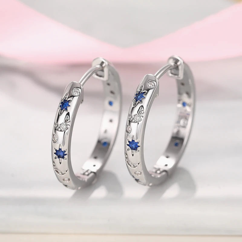 Silver Circle Earrings for Women Star and Moon Jewelry Zirconia Gift