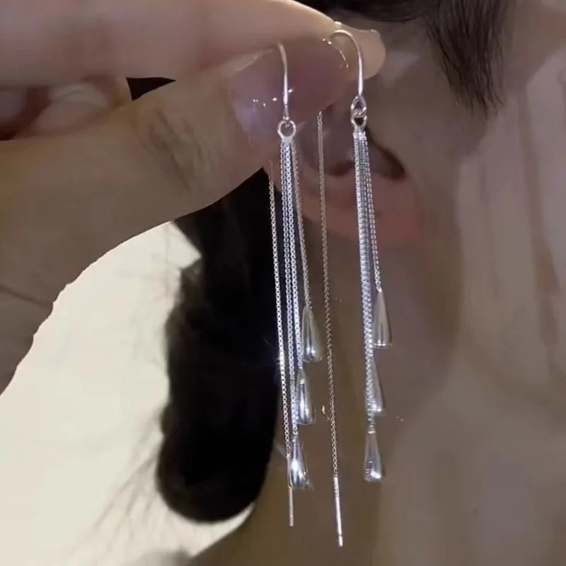 Silver Long Water Drop Tassel Earrings for Women - Personalized Fashion Jewelry