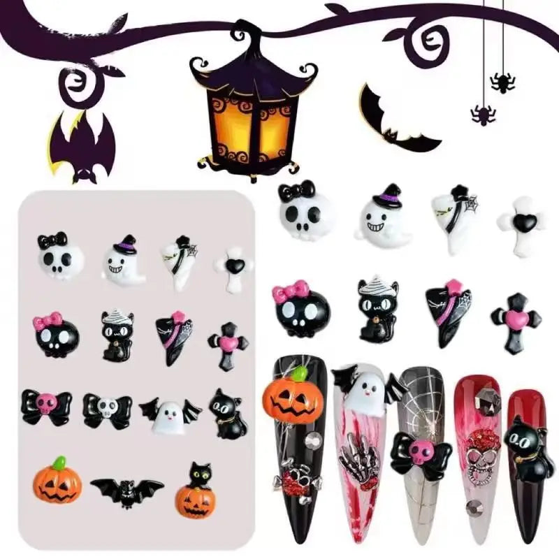 Halloween 3D Resin Nail Charms Set - Pumpkin Ghost Skull Bat Cat Decorations for Manicure