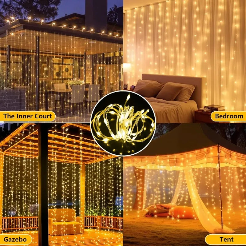 Outdoor Solar Curtain String Lights 3x3M 600 LEDs Holiday & Party Decor