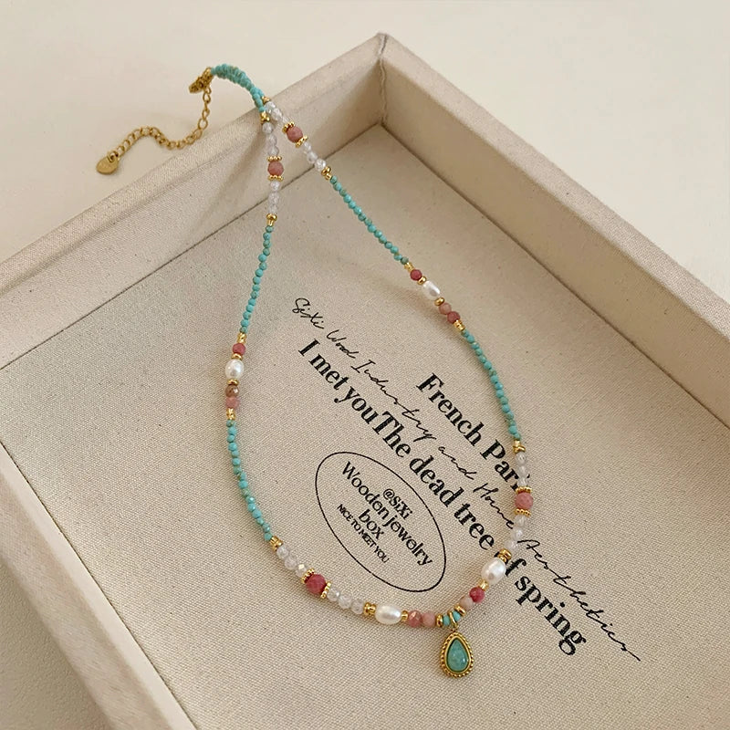 Natural Stone Pearl Bead Necklace with Water Drop Pendant - Women's Romantic Jewelry