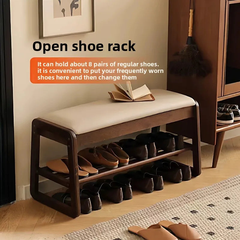 Solid Wood Shoe Changing Stool with Multi-Layer Shoe Storage - Household Shoe Rack