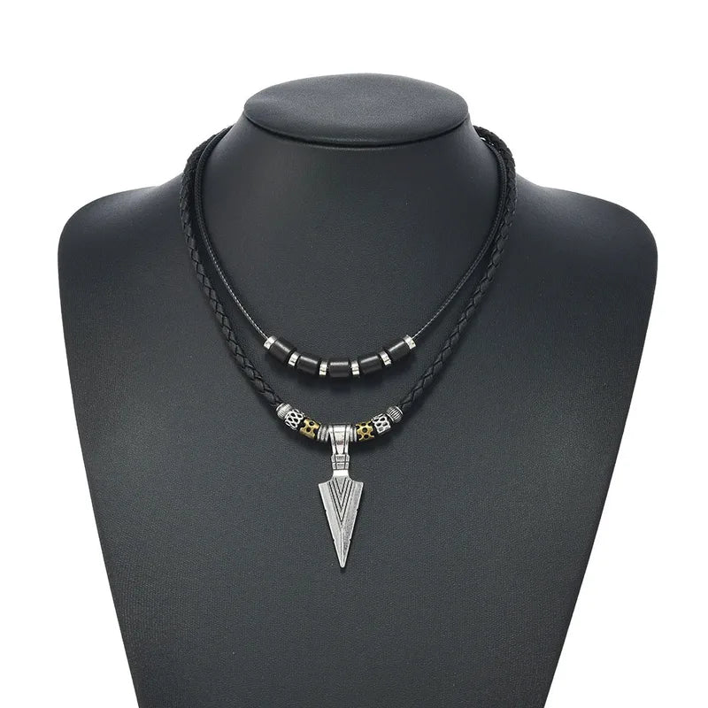 Men's Viking Arrowhead Necklace Ethnic Tribal Leather Pendant Boho Jewelry