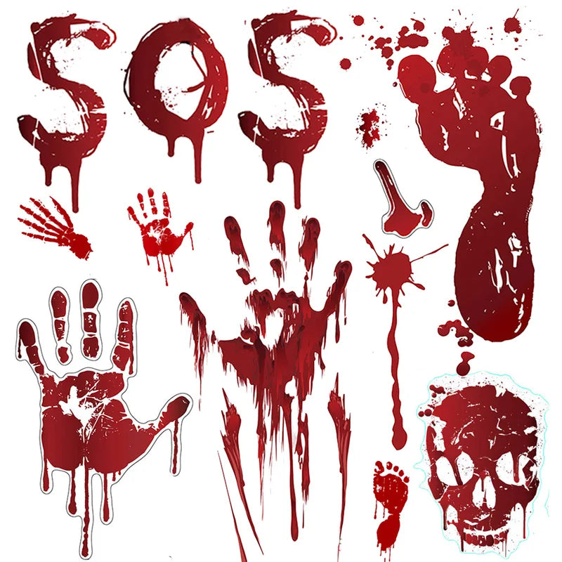 Halloween Wall Door & Window Stickers Blood Handprint Skull Scene Decor Horror Props