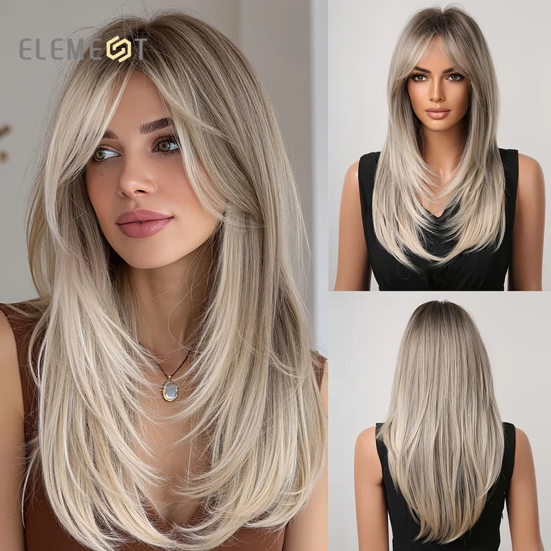 Ash Grey Brown Ombre Synthetic Wig with Curtain Bangs for Women - Layered, Straight Hair