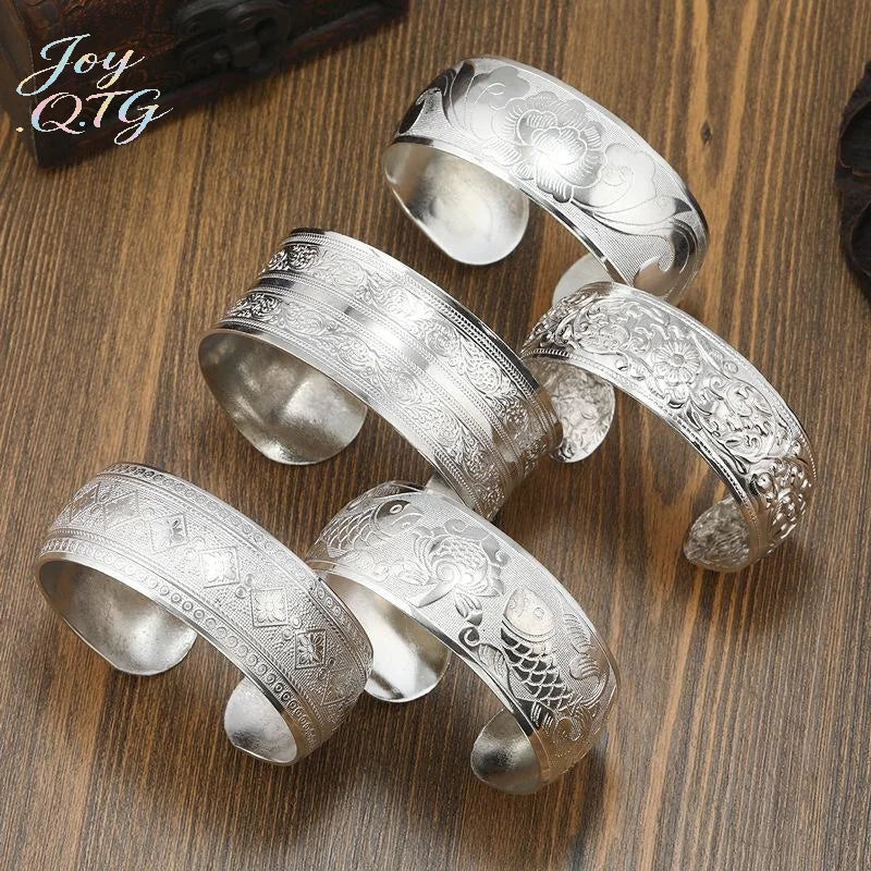 Bohemian Ethnic Wide Silver Bracelet for Women Carved Flower Fashion Jewelry