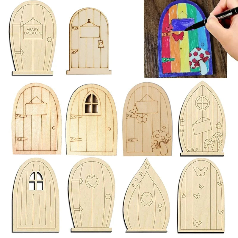 Wooden Fairy Door Craft Set for DIY Home Garden Decor - 6 Pieces