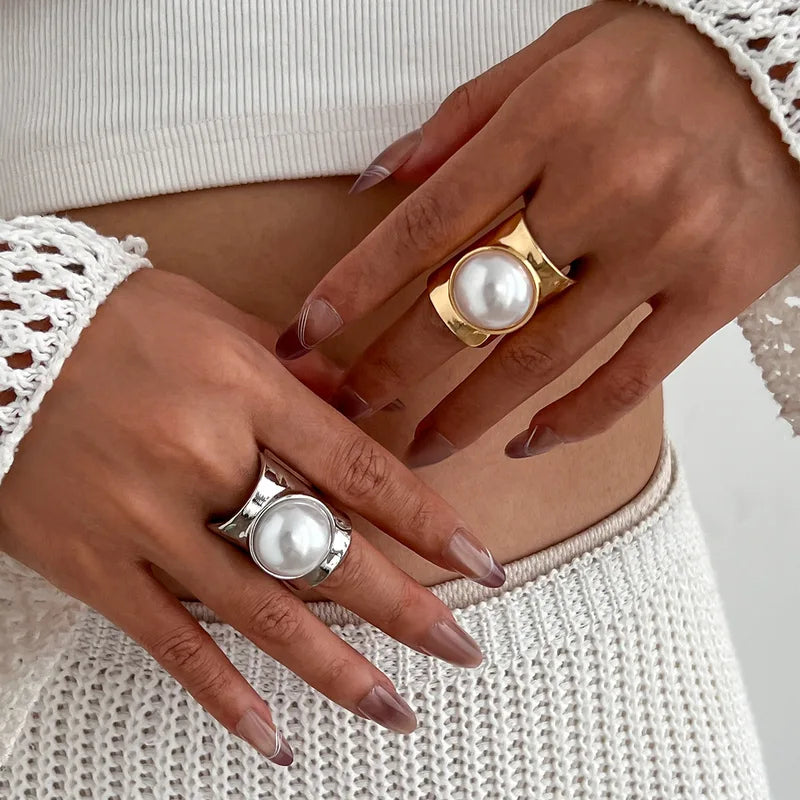 Adjustable Metal Wide Open Rings for Women & Men with Imitation Pearl & Geometric Design