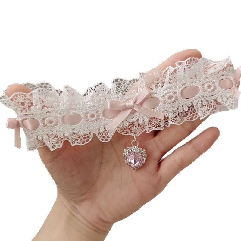 Lace Bow Necklace Heart Gem Charm Lolita Jewelry for Weddings & Parties
