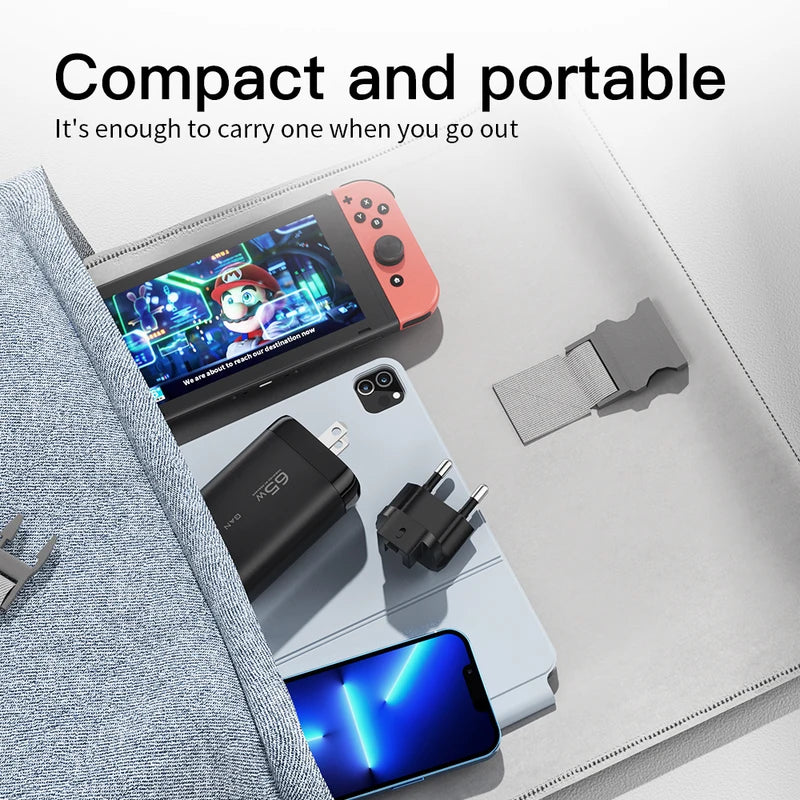 65W GaN USB-C Charger Fast Power Adapter for Laptop & Phone