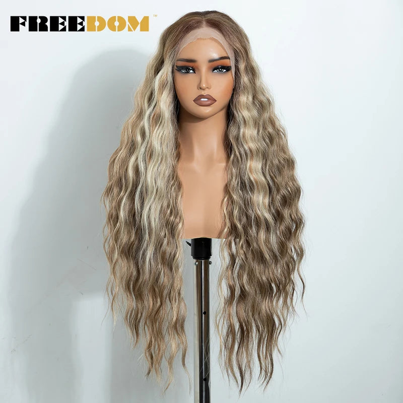 Curly Synthetic Lace Front Wig for Women 13x4 Pre-Plucked Glueless 30 Inch Ombre Brown Blonde