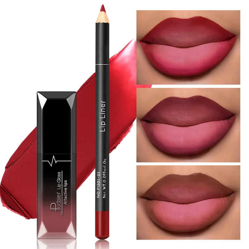 Matte Lip Gloss and Lip Liner Set - Waterproof, Long-Lasting Makeup Kit