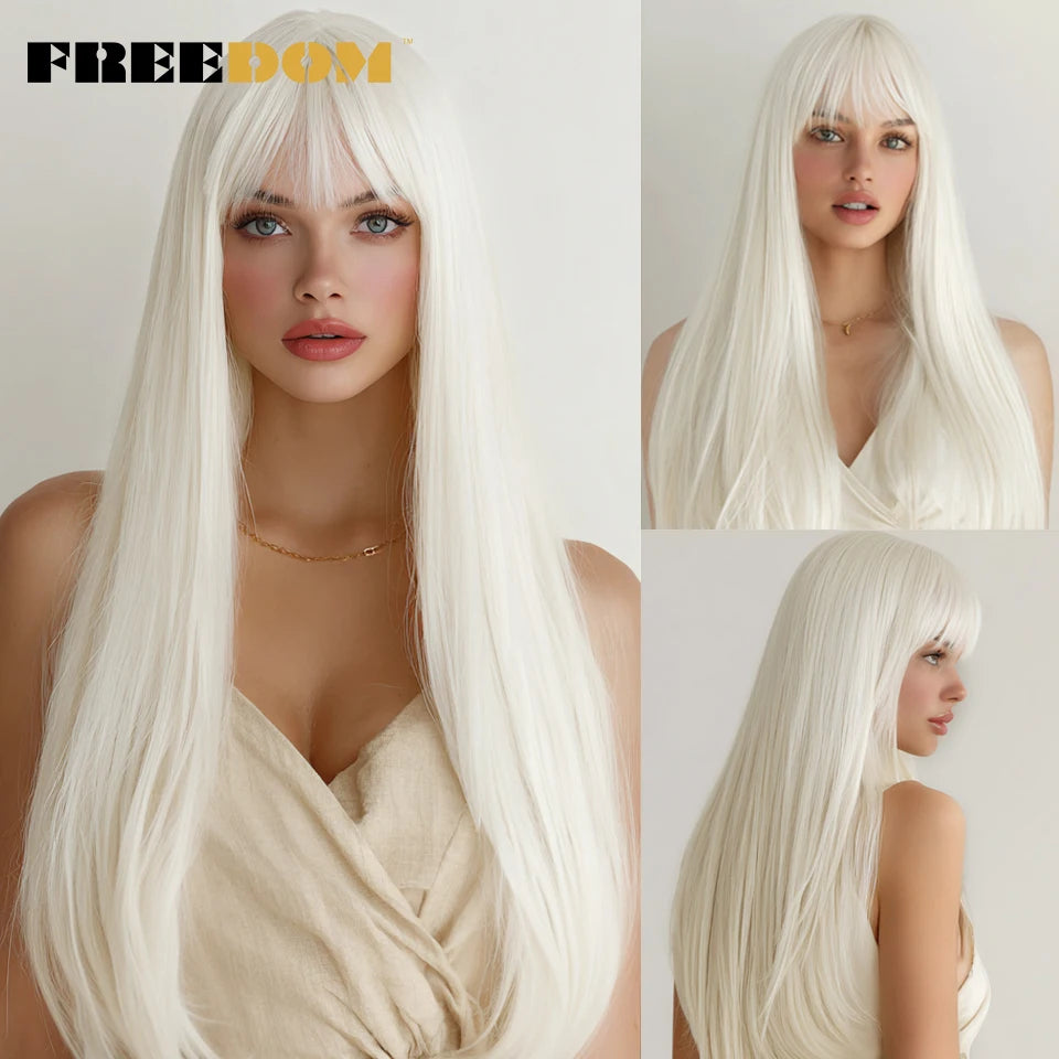 Synthetic Cosplay Wig with Bangs for Women - Long Straight Heat-Resistant Fiber