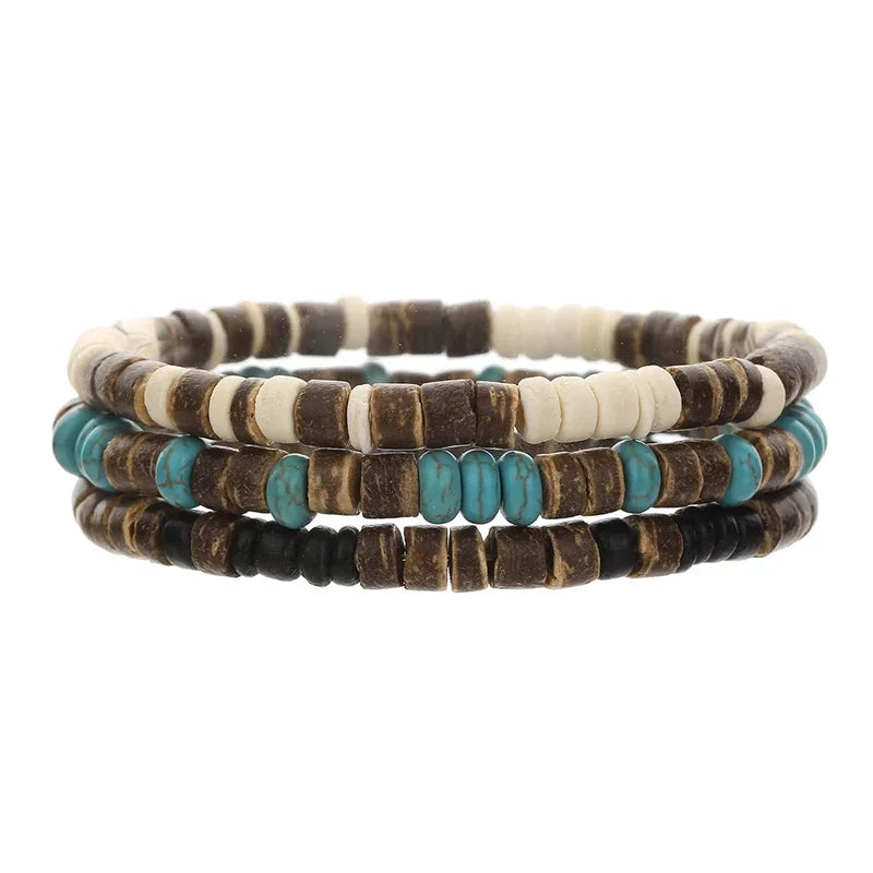 Beaded Wooden Bracelets for Men and Women - Handmade Turquoise & Natural Wood Stretch Jewelry