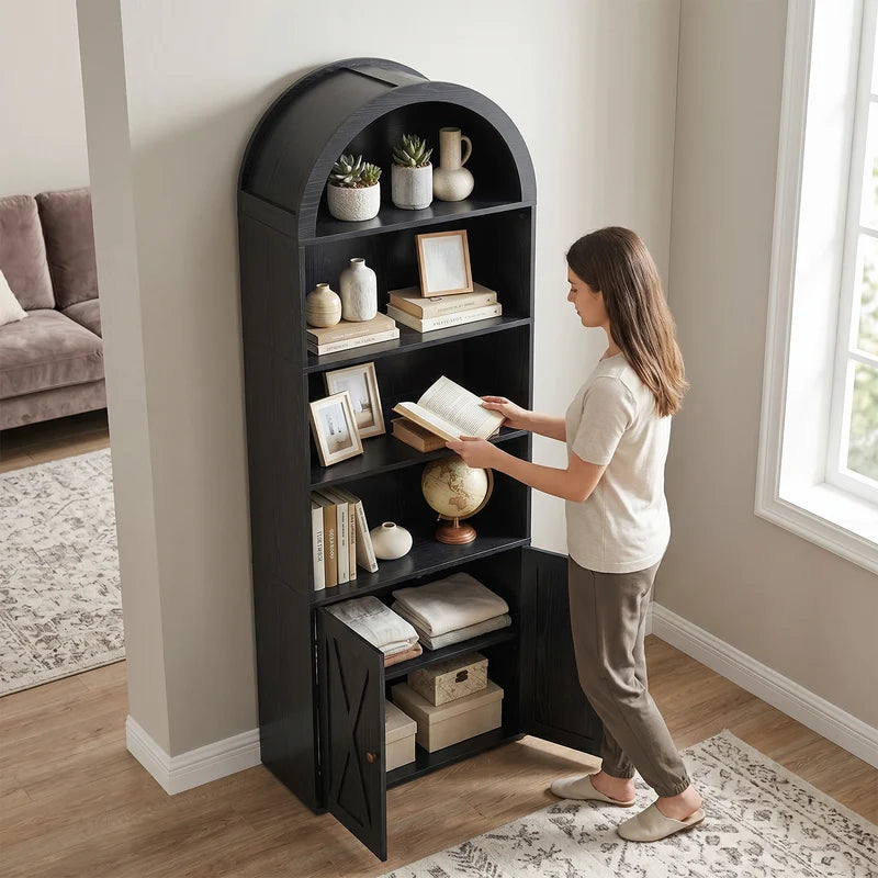 70-Inch Black Arched Bookcase with 6 Shelves - Freestanding Storage Cabinet for Living Room and Kitchen