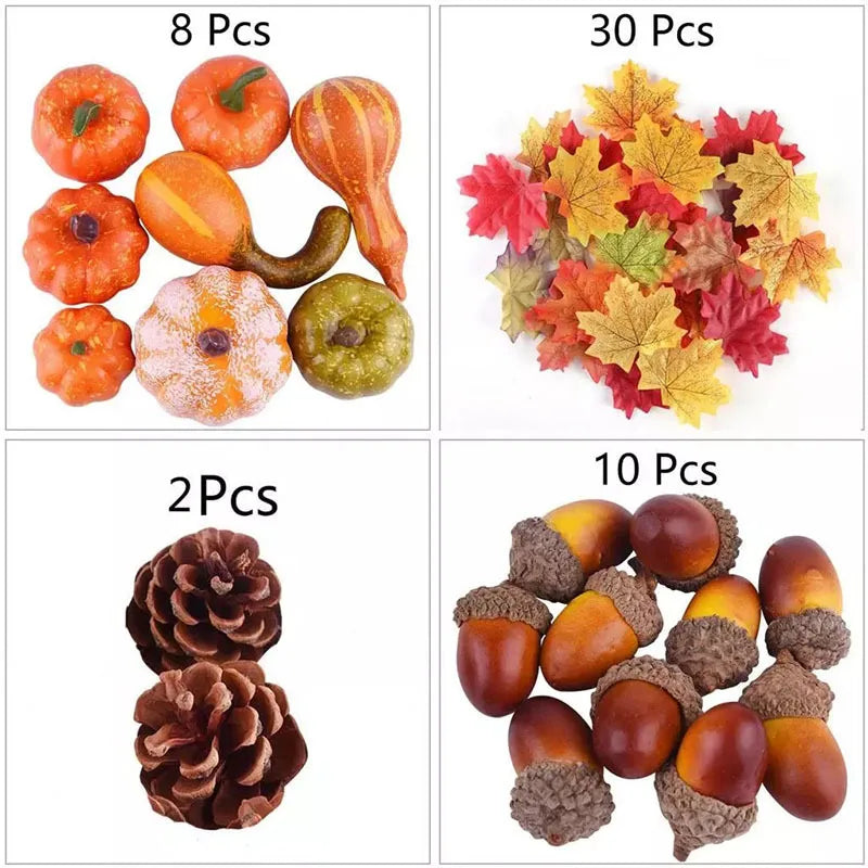 Thanksgiving Artificial Pumpkin Set with Leaves Acorns & Pine Cones for Autumn Decor