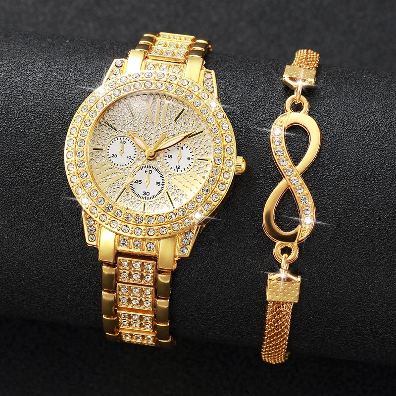 Luxury Women’s Diamond Quartz Wristwatch & Bracelet Set - Fashion Accessories