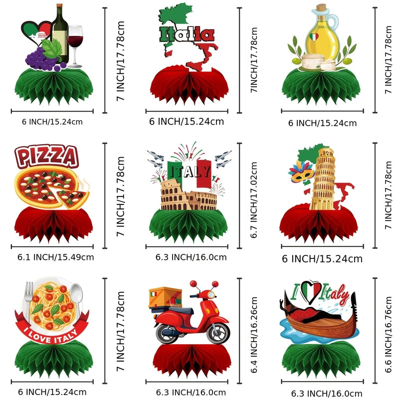 9PCS Italian Party Honeycomb Centerpieces Decor Flags - Red White Green Carnevale Di Venezia Birthday